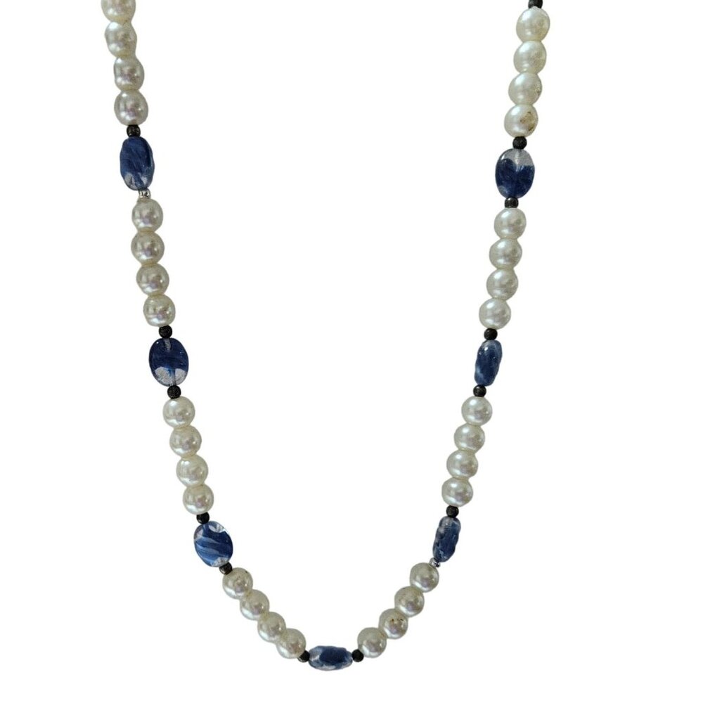 Vintage Faux Pearl Necklace Blue Glass Beads Retro 50s 60s Fashion Jewelry Women